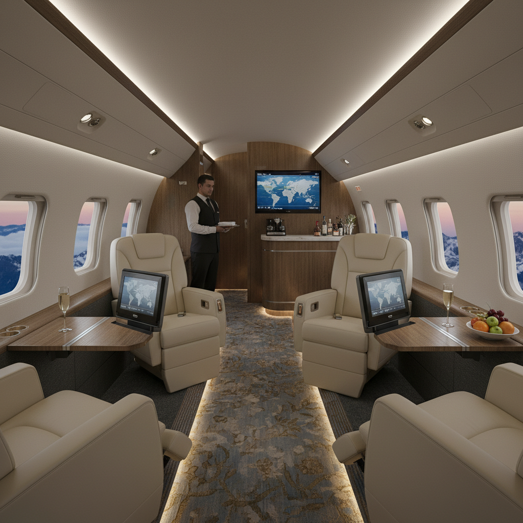 Interior of a grand private jet displaying plush, comfortable seats and lavish amenities indicating the luxury and convenience private aviation offers.