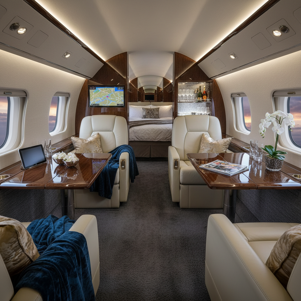 High-end, plush interiors of a private jet exemplifying luxury and comfort