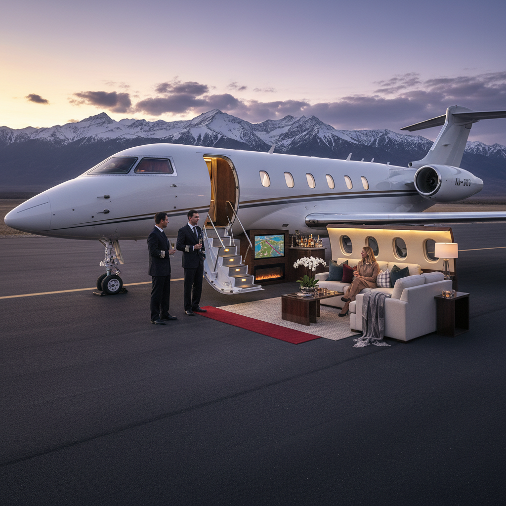 A luxurious private jet parked at an airstrip with a stunning backdrop. Inside, a cosy yet opulent setting awaits passengers.