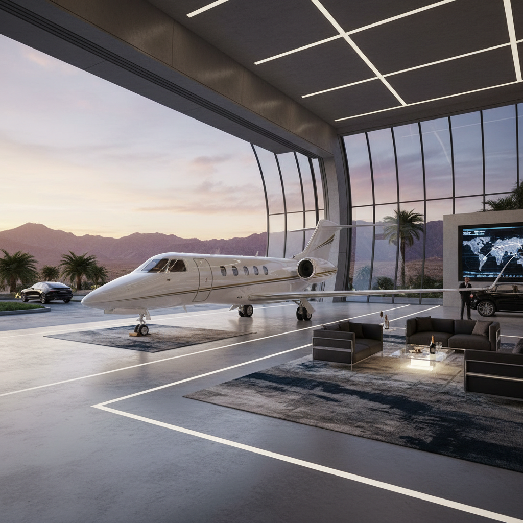 Luxurious private jet parked in a private hangar