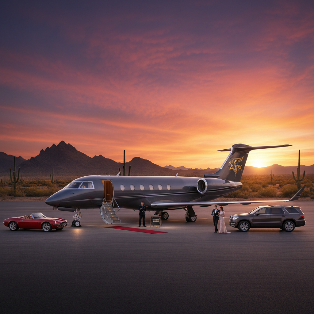 A luxurious private jet parked on the tarmac in Scottsdale, Arizona, surrounded by the desert landscape with a vibrant sunset in the background, conveying a sense of exclusivity and opulence.