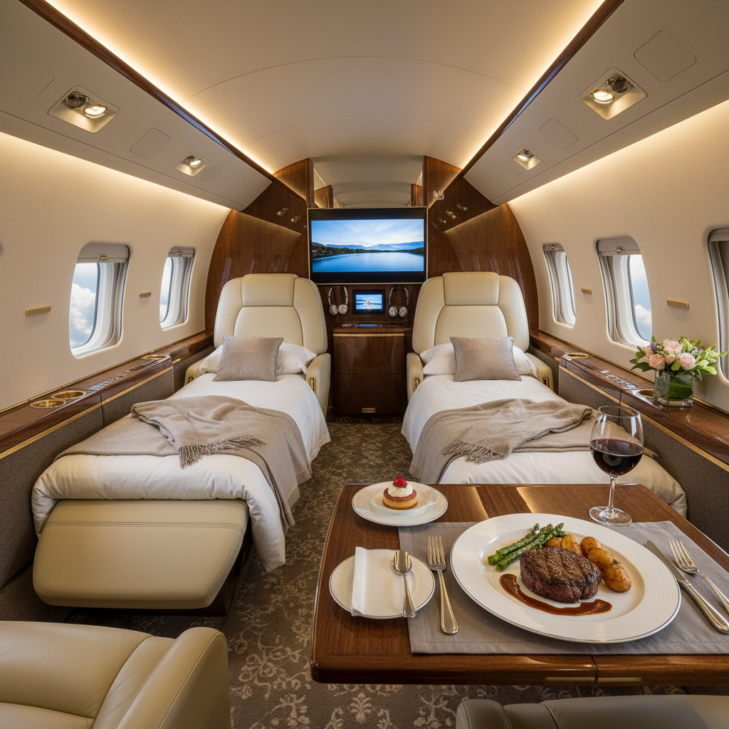 Opulent interior view of a private charter jet. The scene shows plush leather seats that can be converted into beds, a high-end multimedia entertainment system, and a gourmet meal served on a flight tray. The ambiance exudes exclusivity and comfort, perfectly encapsulating the luxury of private charter jets.