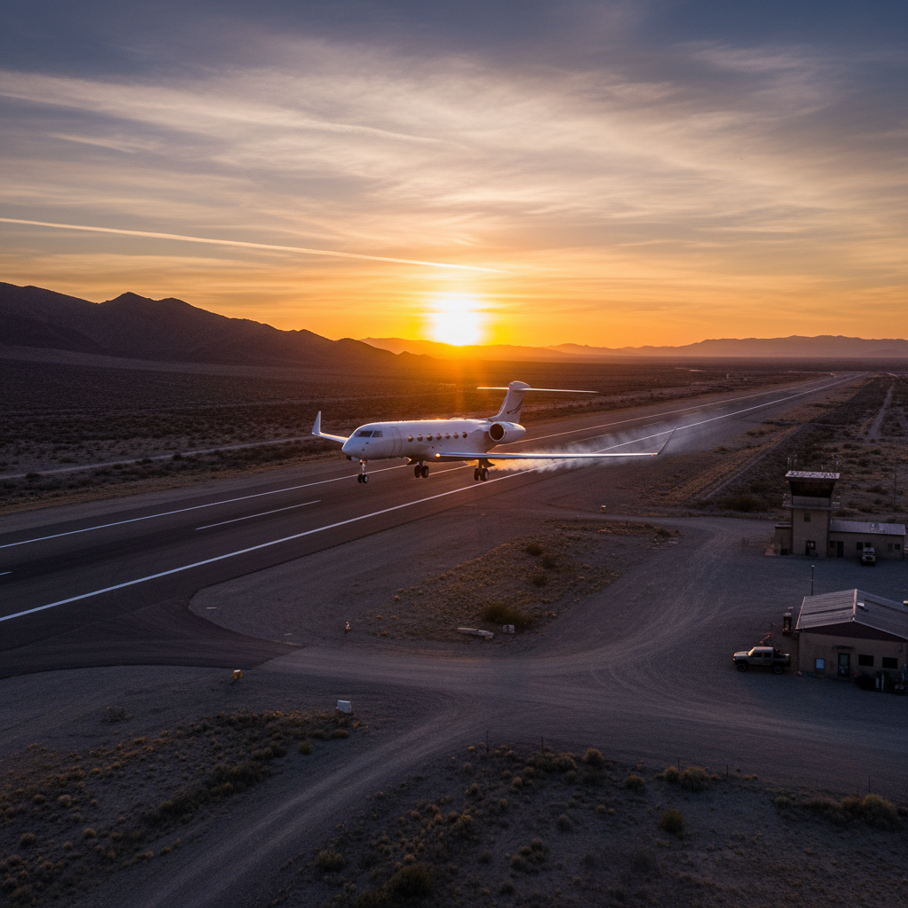 Private jet taking off from a remote airport with stunning sunset in the background