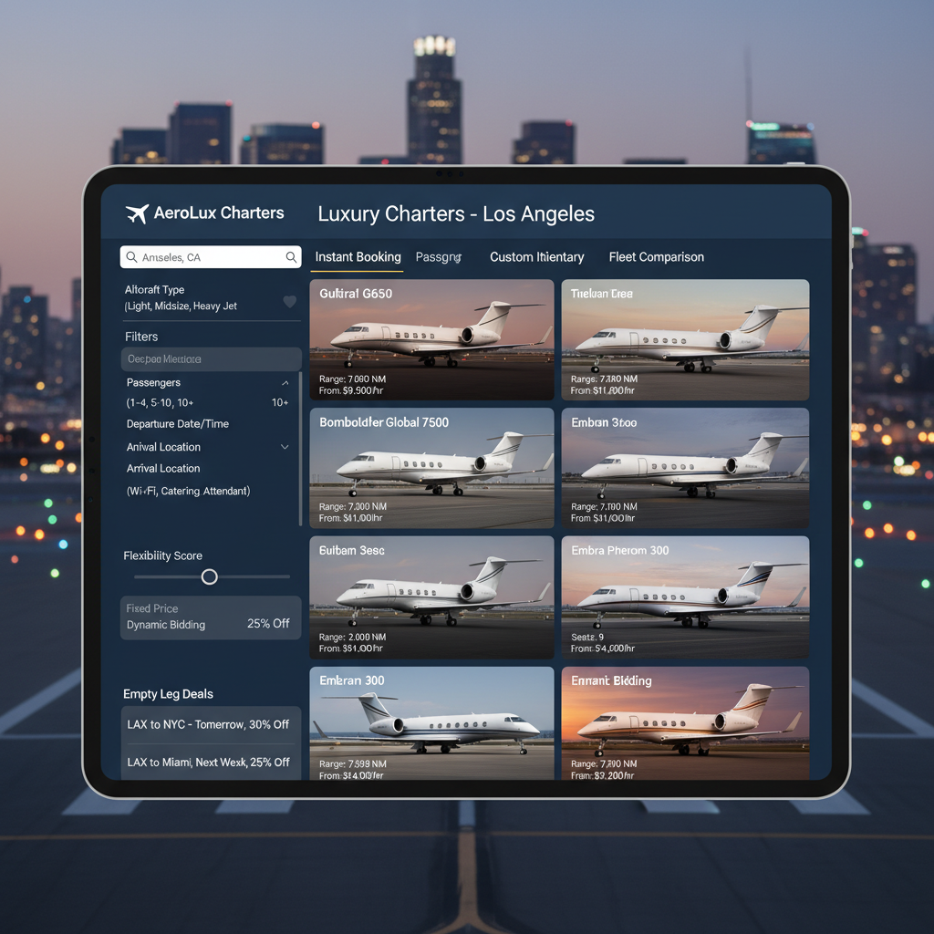 An interface showing a selection of private jets available for charter within an app or website, depicting the flexible selection processes offered by private jet providers in Los Angeles.