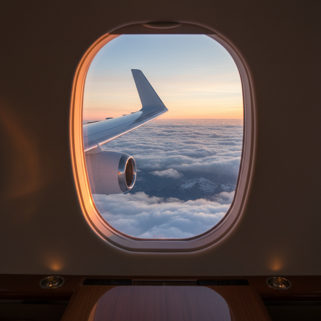 View from the window of a private jet overlooking a cloud landscape