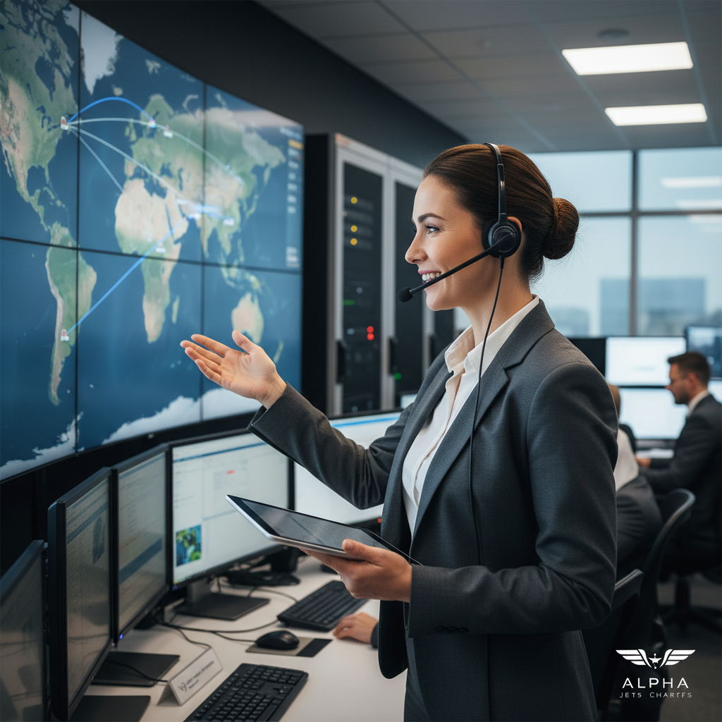 A professional looking charter company representative, wearing a headset and discussing flight plans