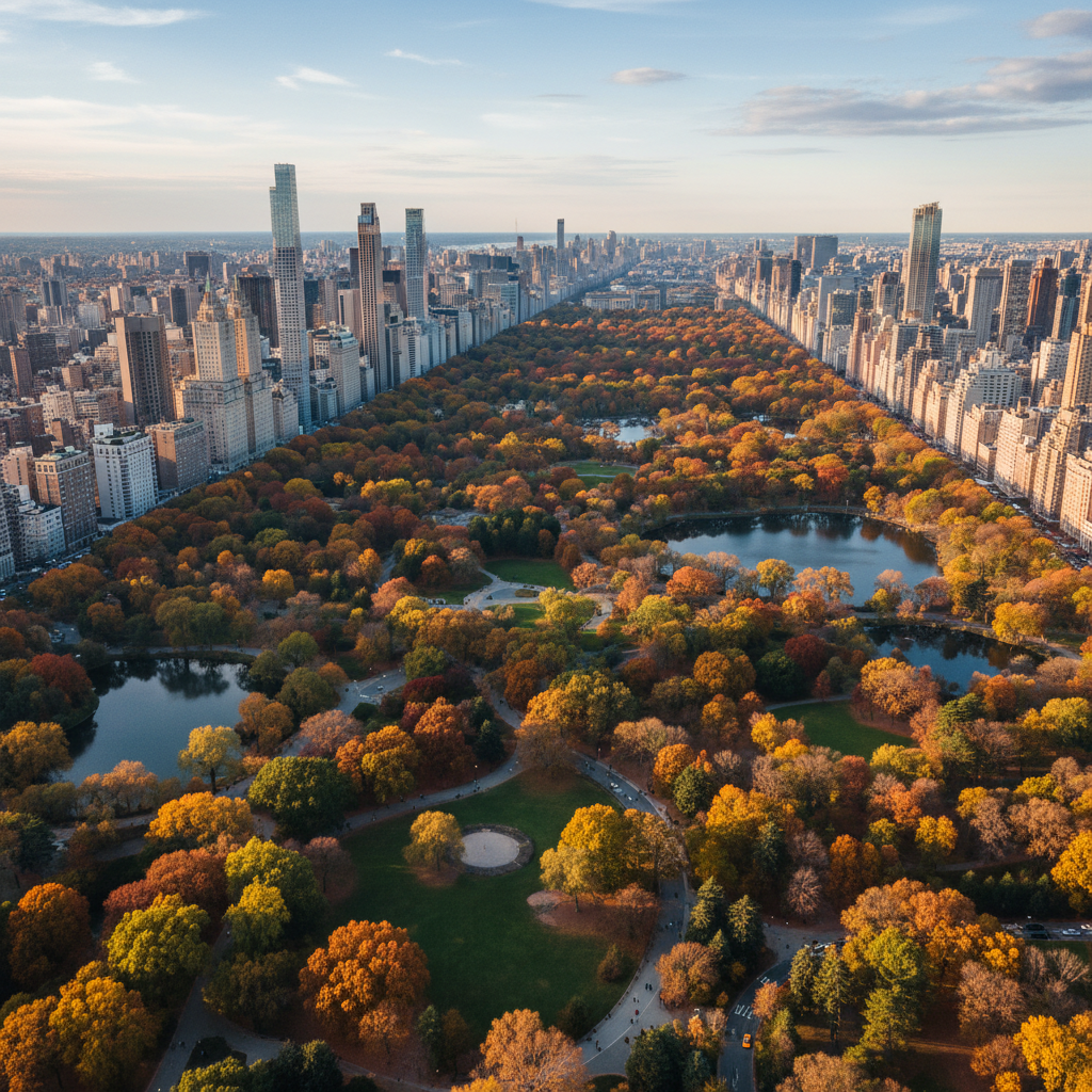 A beautiful overhead view of Central Park in NYC during the vibrant and colorful fall season