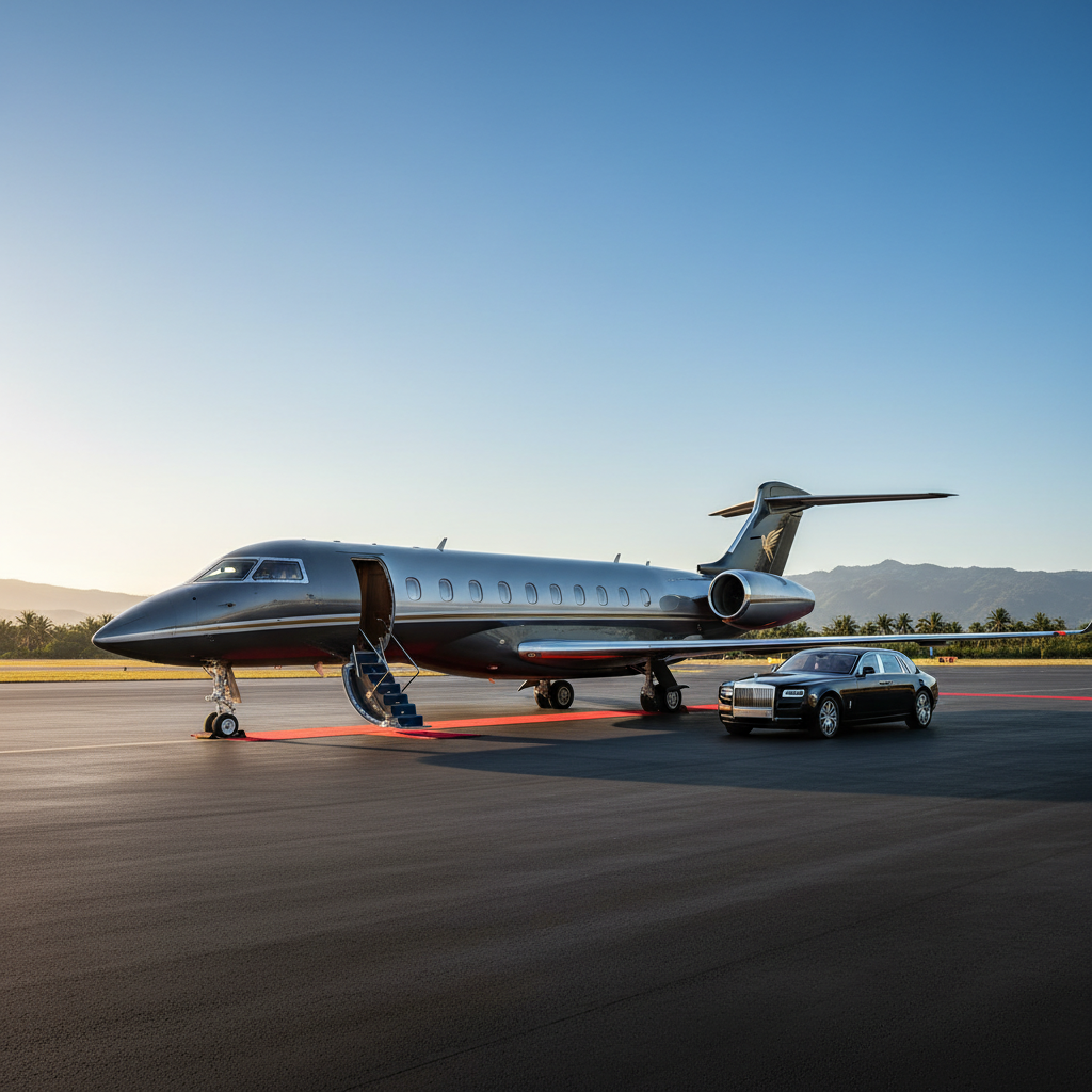A high-end luxurious private jet parked on an airstrip, with clear sky in the background.