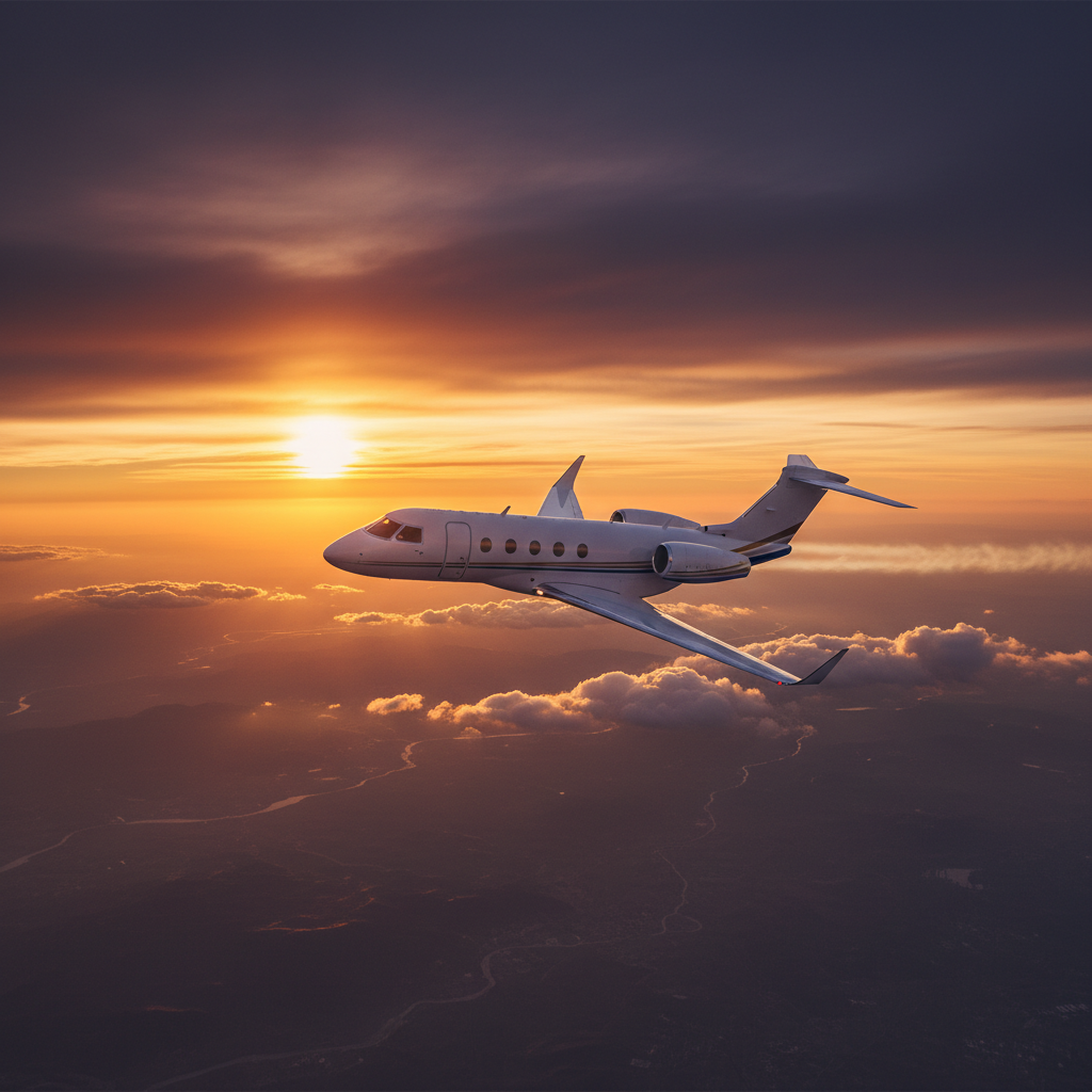 Aerial view of a private jet soaring high into the sunset sky