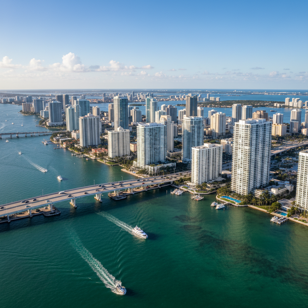 An aerial shot of Miami cityscape featuring turquoise blue waters, bridges, and high-rise buildings.