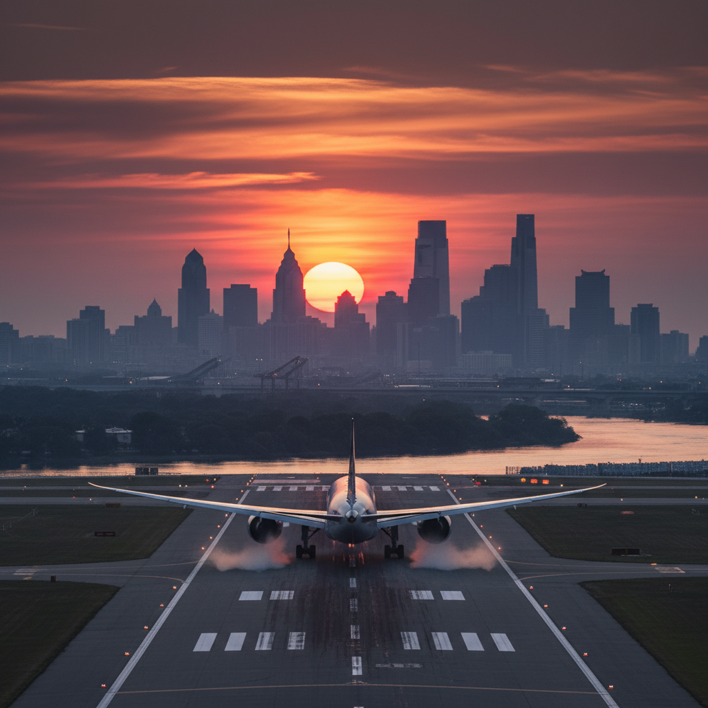 An airplane ready for takeoff with Philadelphia city skyline in the distance at sunset