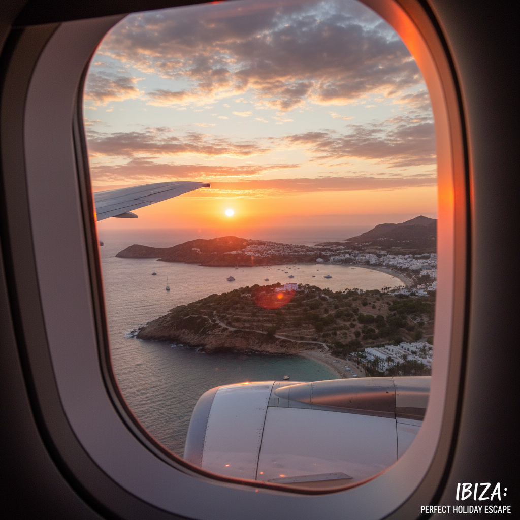 A sunset scene of Ibiza, viewed from an aircraft window, presenting the perfect holiday destination