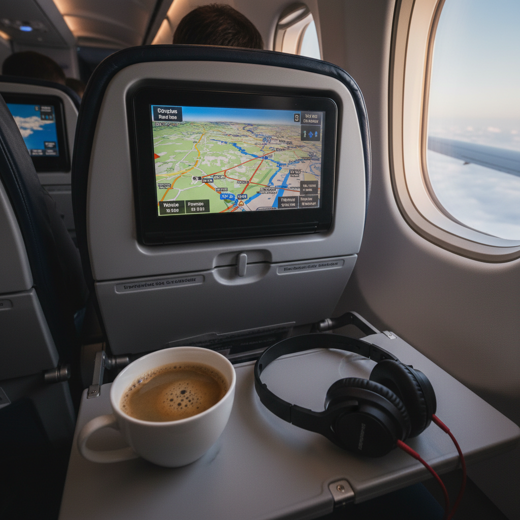 A picture of a tourists first-person-view sitting in an airplane, looking at an inflight entertainment screen, a cup of coffee on the seat tray, headphones plugged in.