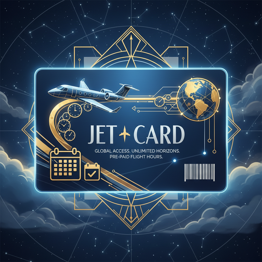 A stylized graphic of a jet card, symbolizing the flexibility and convenience of pre-purchased flight hours on specific aircraft types.