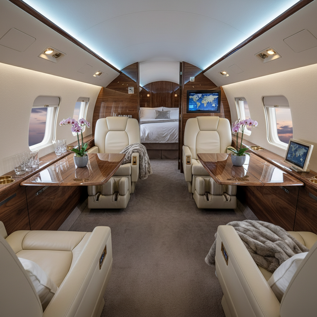 Interior view of a luxury private jet cabin with plush seating and amenities