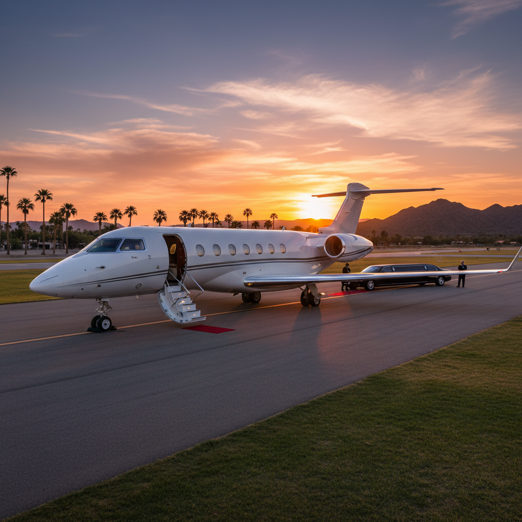 A luxurious private jet parked on a private airstrip during sunset