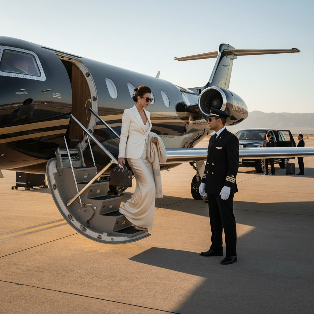 An elegant female passenger elegantly making her way to a private jet