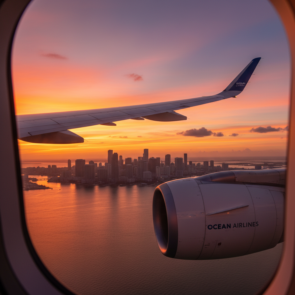 A close-up shot of a commercial airline wing with the Miami skyline in the background, sun is setting casting an orange glow over the city.