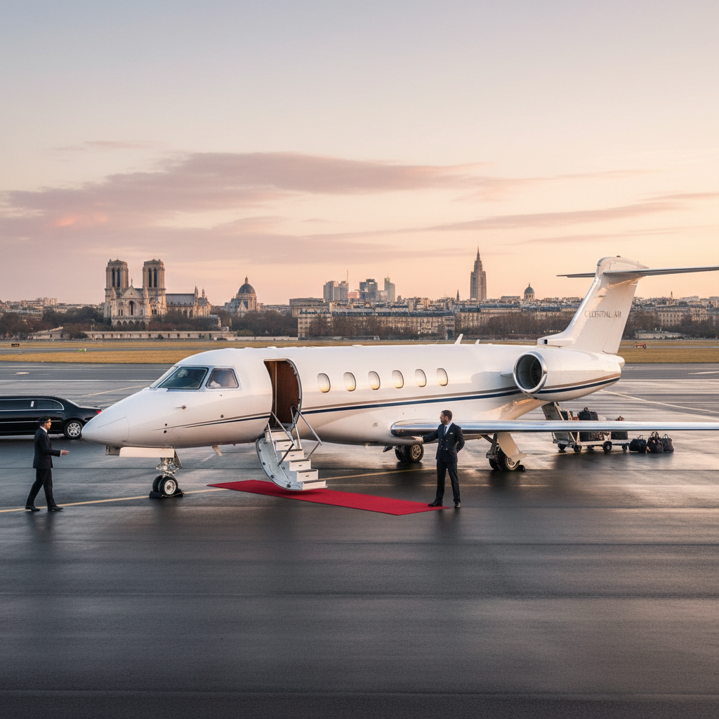 A luxurious private jet ready for boarding on a tarmac with Paris cityscape in the backdrop