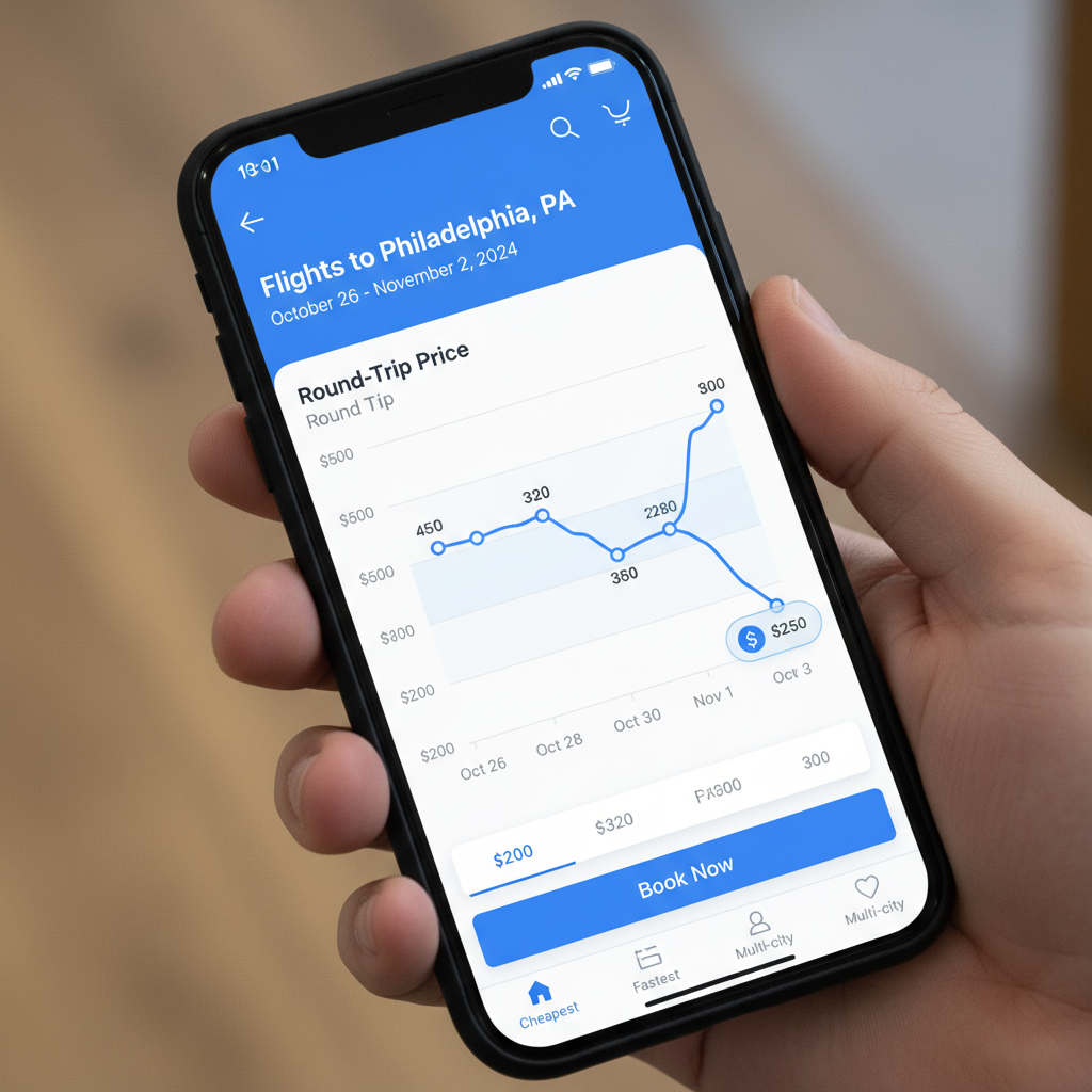 A mobile application showing price fluctuation graph for flights to Philadelphia
