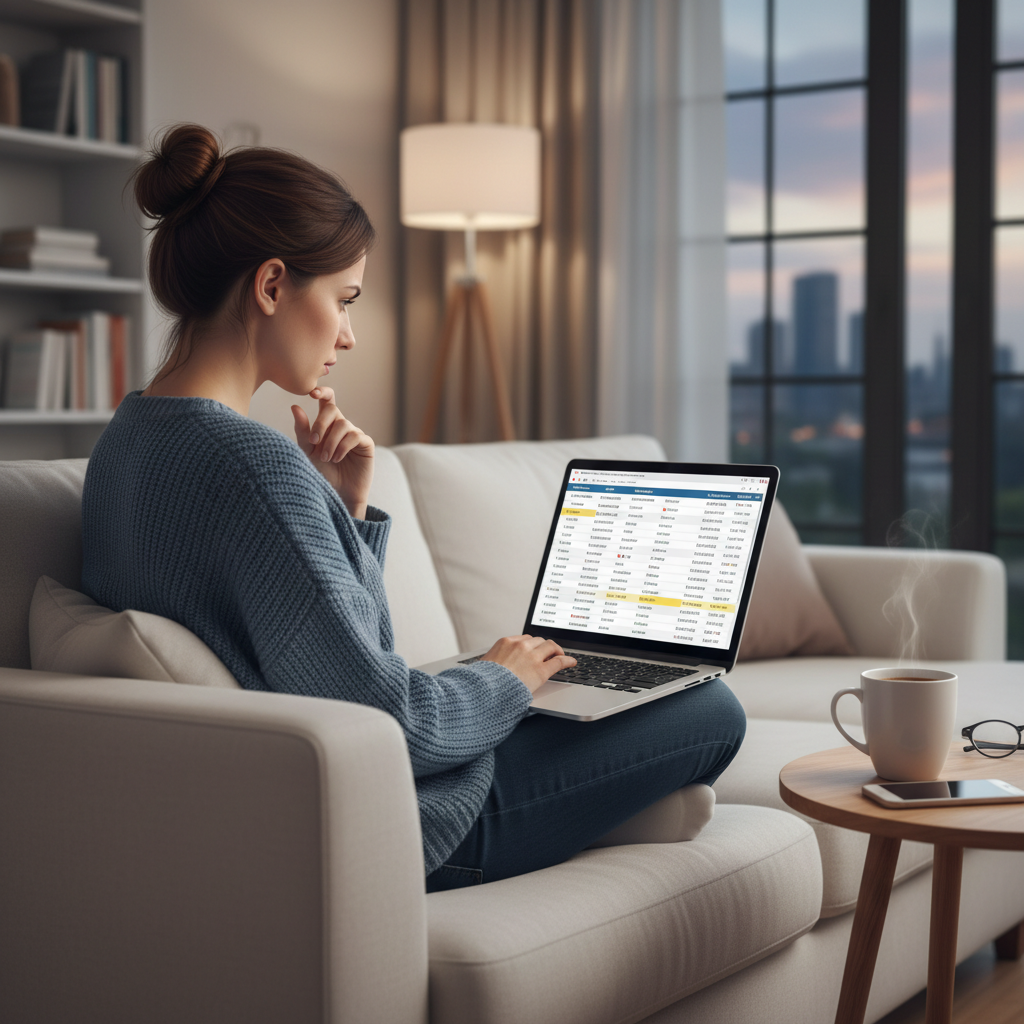 A woman looking at price comparison of different flights on her laptop with a cup of coffee on side table