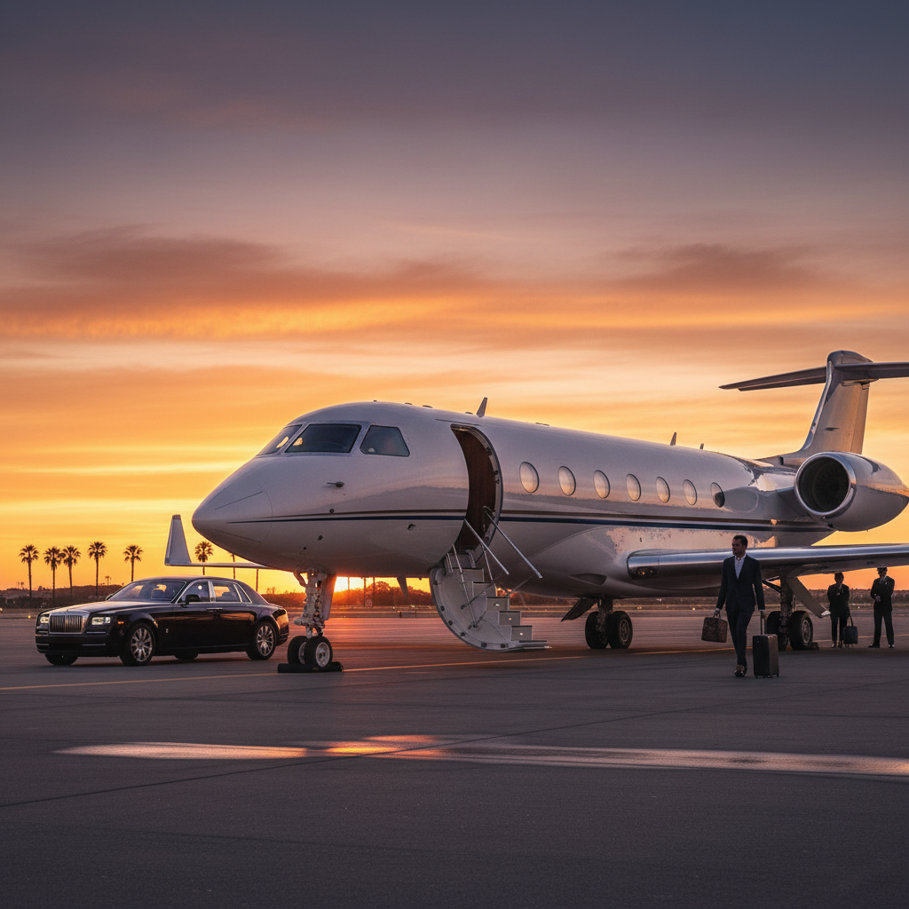 A luxurious private jet parked on the runway at sunset, with the sun's golden rays illuminating the aircraft.