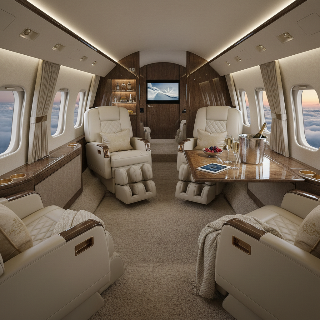A high-end luxurious private jet parked on an airstrip, with clear sky in the background