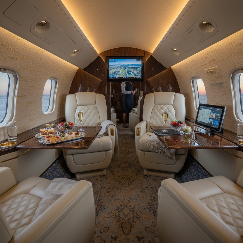 In-flight image highlighting the opulent interior decor of a private jet with plush seats, an in-flight entertainment system, and bespoke catering