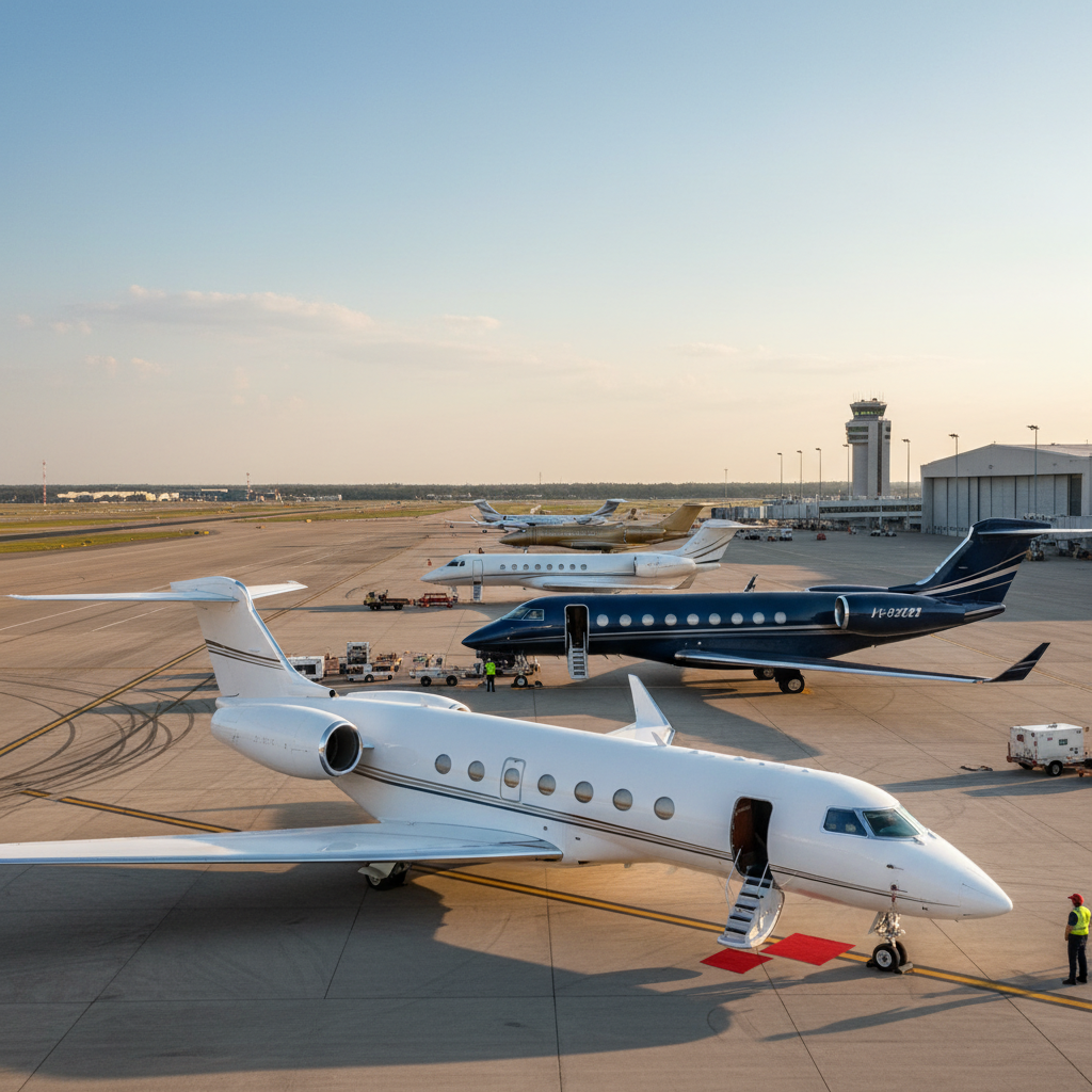 Aircraft on tarmac showcasing a range of private jets