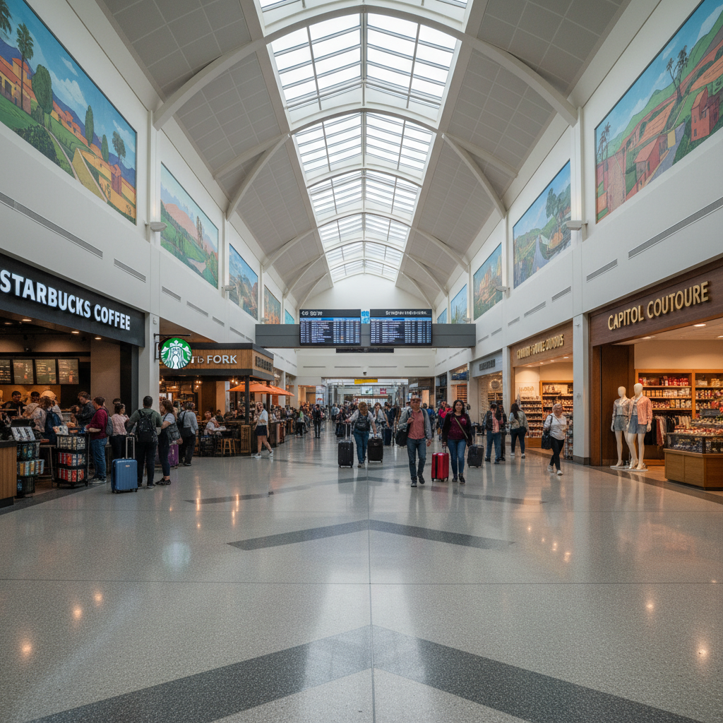 A bustling scene inside Sacramento Airport, showing a diversity of dining and shopping venues