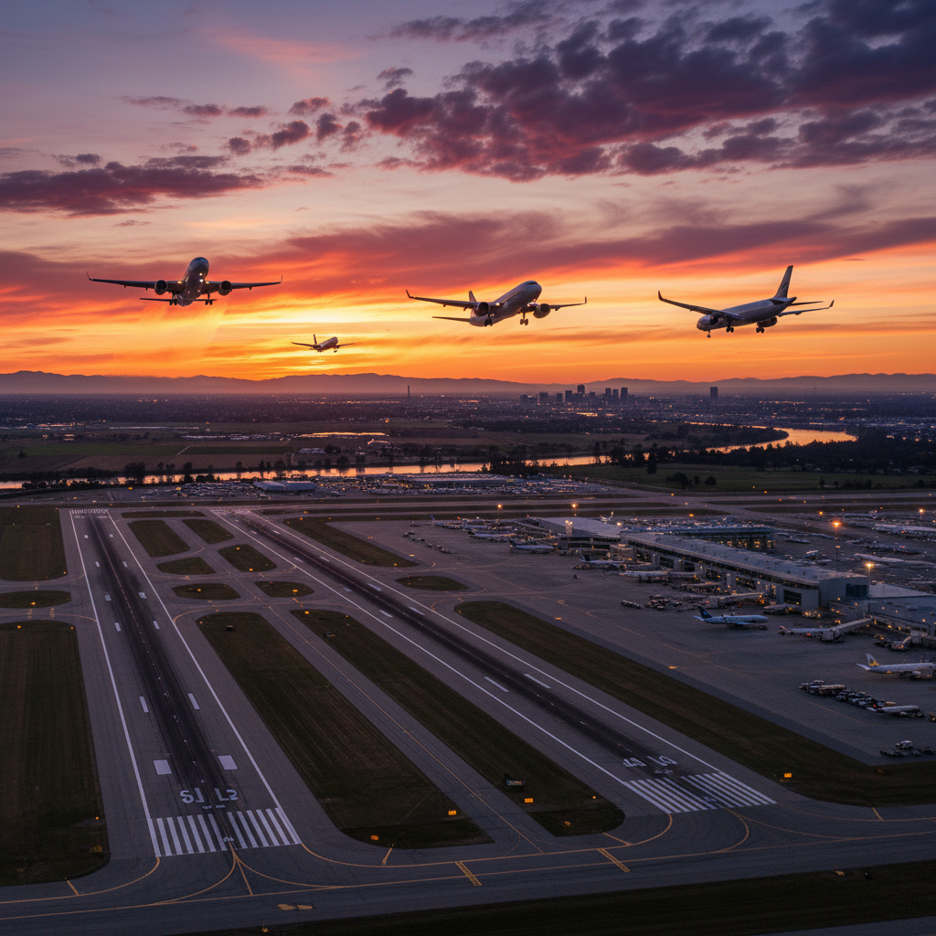 A panoramic view of Sacramento Airport with planes taking off against a vibrant sunset sky