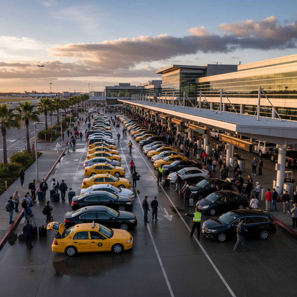 A busy taxi rank and rideshare pick-up point outside Sacramento Airport terminals