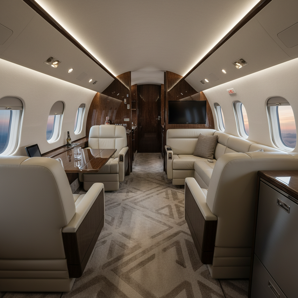 An interior view of a plush, well-equipped private jet cabin
